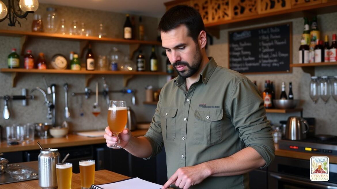 Davidmartinrius, un apasionado entusiasta de la cerveza artesanal, se encuentra en una moderna cocina cervecería, rodeada de equipos e ingredientes. Está examinando atentamente una 'IPA de Nueva Inglaterra' recién preparada en un vaso, mostrando su apariencia brumosa y dorada. La habitación está llena de ingredientes como 'lúpulo', 'cebada' y 'avena' que son esenciales en el proceso de elaboración de cerveza. El ambiente es vibrante, con botellas de cerveza en los estantes y una pizarra que muestra varias 'IPA' y sus notas de degustación. David usa un atuendo informal con un bloc de notas en la mano, señalando los aromas de 'cítricos' y 'frutas tropicales' de la cerveza, lo que refleja su gran interés en la rica historia de este estilo 'India Pale Ale' que data del siglo XVIII. La imagen captura el momento de la inspiración y la creatividad en la elaboración de la cerveza perfecta.