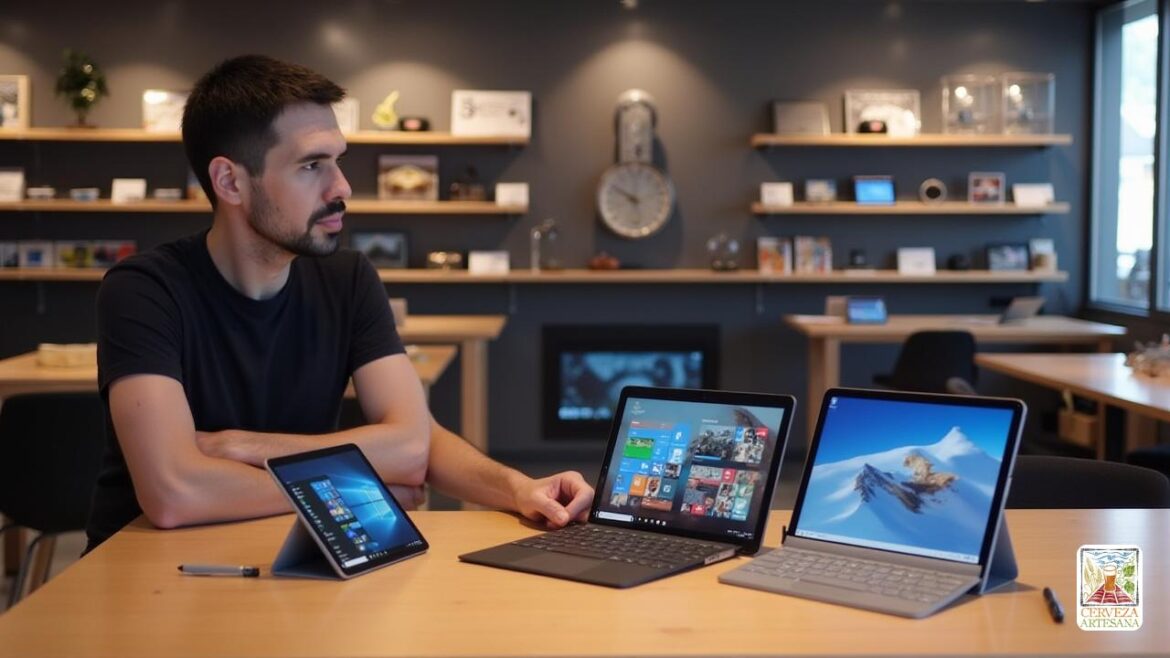En un entorno moderno y luminoso, se muestra a 'davidmartinrius', un hombre de aspecto profesional y casual, sentado en una mesa de madera en una tienda de tecnología. Frente a él hay varias tablets de alta calidad: un 'iPad Pro 2022' con una pantalla grande de 12.9 pulgadas mostrando un dibujo digital, un 'Microsoft Surface Go 3' con Windows abierto en la pantalla, y un 'Xiaomi Redmi Pad SE' con contenido multimedia. La escena destaca detalles realistas como la textura de las tablets, reflejos en las pantallas, y accesorios como stylus y fundas dispuestos a un lado. Detrás, se perciben estanterías con más dispositivos y accesorios, en un ambiente limpio y bien iluminado, transmitiendo una sensación de análisis técnico y decisión informada.