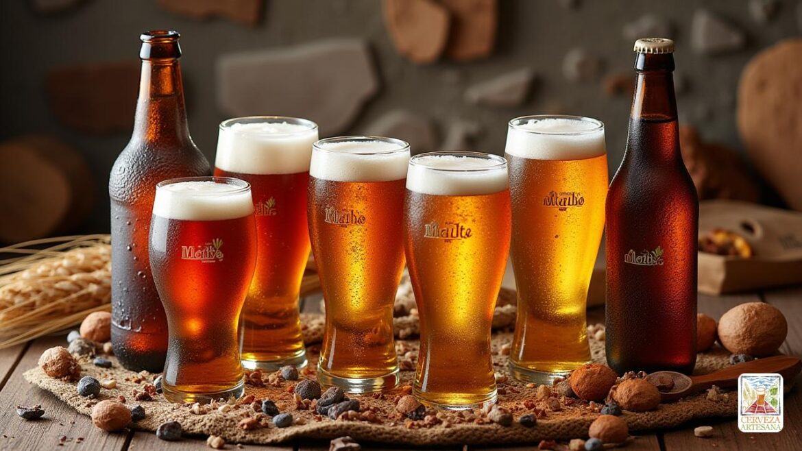 Escena detallada realista de una variedad de estilos de cerveza tradicionales de dif Escena detallada realista de una variedad de estilos de cerveza tradicionales de diferentes culturas, con una extensión de cervezas en diferentes cristalería. Incluya un fondo con un ambiente de cervecería rústica, texturas de piedra y madera, y elementos como cebada, trigo, conos de lúpulo y herramientas de elaboración tradicionales. Destacar etiquetas con ingredientes como 'Agua', 'Malta', 'Lúpulo' y 'Levadura'. Haga hincapié en una rica y cálida paleta de colores con tonos ámbar, dorados y marrones, texturas realistas de granos y hierbas, y un juego de luz matizado que refleja las botellas y las gafas para evocar una atmósfera de elaboración auténtica.