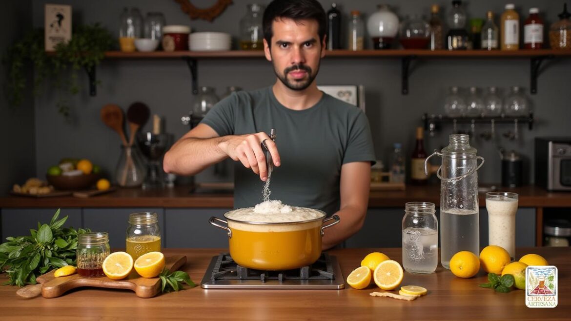 Escena realista de 'Davidmartinrius' en una cocina moderna y bien equipada, preparando 'Refrescos Caseros' caseros. La persona lleva ropa informal y cómoda, enfocada en revolver una olla grande llena de una 'jarabe' vibrante y burbujeante hecha de 'Agua Filtrada' y 'Azúcar'. Los rodean las 'frutas cítricas' como 'limones' y 'lima', algunos 'cáscaras ralladas' y rodajas, junto con frascos de vidrio que contienen 'Jugos de jengibre' y otros aromatizantes naturales. El fondo muestra estantes de 'ingredientes natales', un 'termómetro' para el control de la temperatura y una configuración de 'dispensador de CO2' para 'Carbonatacia Forzada'. La iluminación enfatiza los ricos colores de los cítricos y el claro y brillante 'refresco' que se vierte en un vaso con 'burbujas' visibles, creando una atmósfera realista y acogedora de elaborar refrescos en casa.
