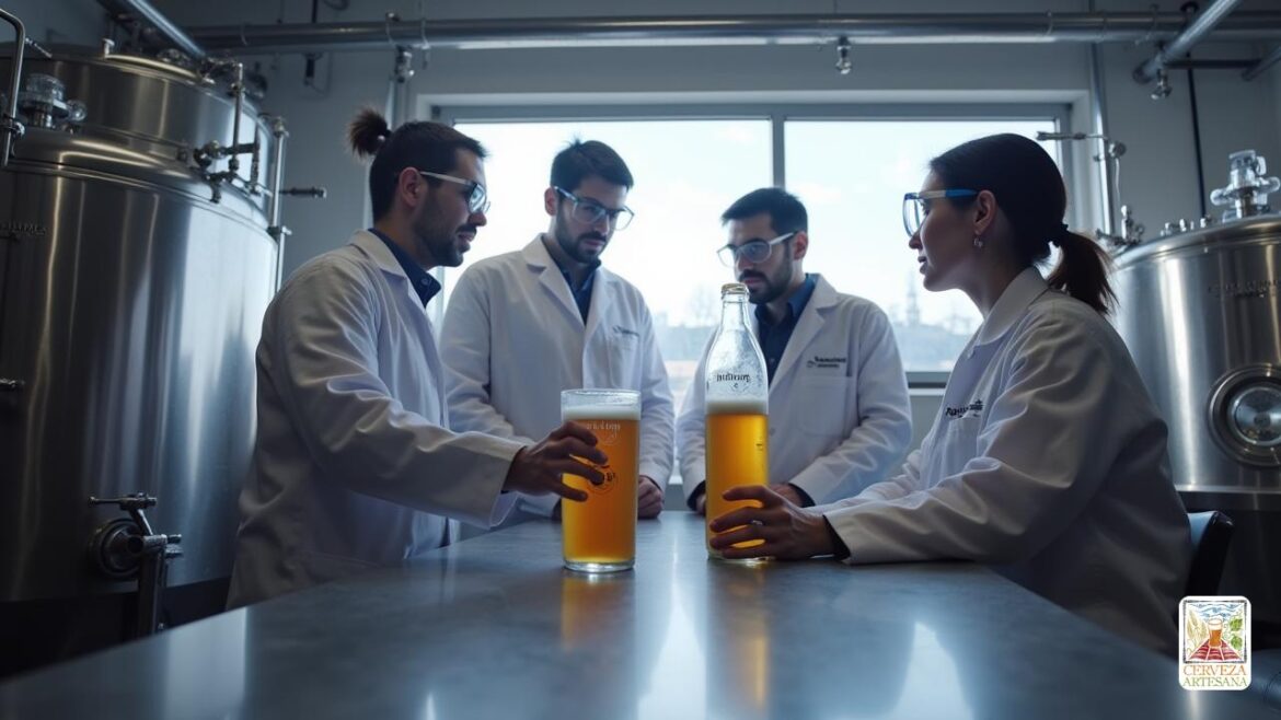 Escena realista de un laboratorio de cervecería moderno con fermentadores de acero inoxidable y equipos de elaboración de cerveza. En primer plano, un grupo de científicos o cerveceros que usan abrigos de laboratorio y gafas de seguridad están examinando una botella de cerveza de vidrio transparente etiquetada como 'Helium IPA'. La botella parece estar sellada, con vapor débil o vapor alrededor de la tapa. El fondo muestra la maquinaria de elaboración detallada, las tuberías y los medidores, con iluminación brillante y natural que ilumina la escena. Fuera de la ventana, es visible un paisaje urbano o un cielo abierto. La atmósfera general enfatiza la experimentación científica con un enfoque en el realismo y la precisión técnica, evitando cualquier estilos de dibujos animados o ilustrativos.