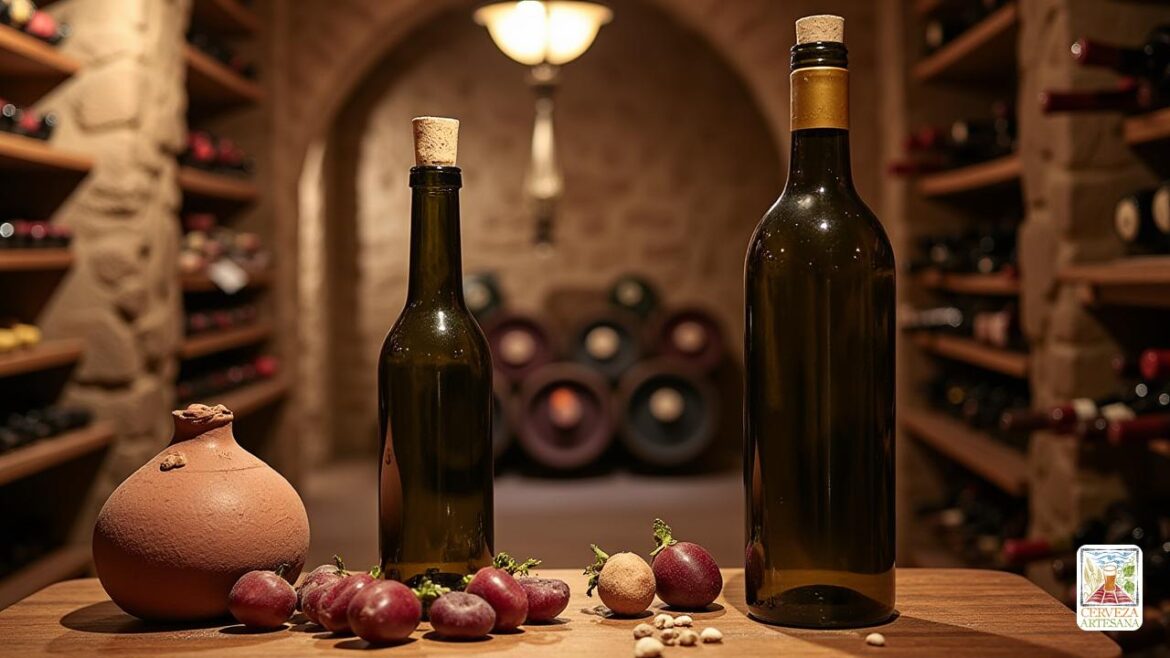 Escena realista que representa un antiguo almacenamiento de vinos con arcilla y barro 'Ánforas' en un entorno histórico, que hace la transición a una representación detallada de una botella de vino de vidrio medieval del siglo XVII, que muestra su forma redondeada y las paredes delgadas creadas por las técnicas de soplamiento de vidrio de la dioxide '. A continuación, un primer plano de una moderna botella de vino '750 ml' con 'vidrio' verde oscuro para filtrar rayos ultravioleta, cubiertos con una 'corcho' hecha de 'corteza de roble de corcho', en un entorno de bodega sofisticado llena de iluminación ambiental suave, filas de botellas y estantes de madera vintage, enfatizando la evolución de las botellas de vino de las botellas de vinos, contenidas con amphoras con contenedores.
