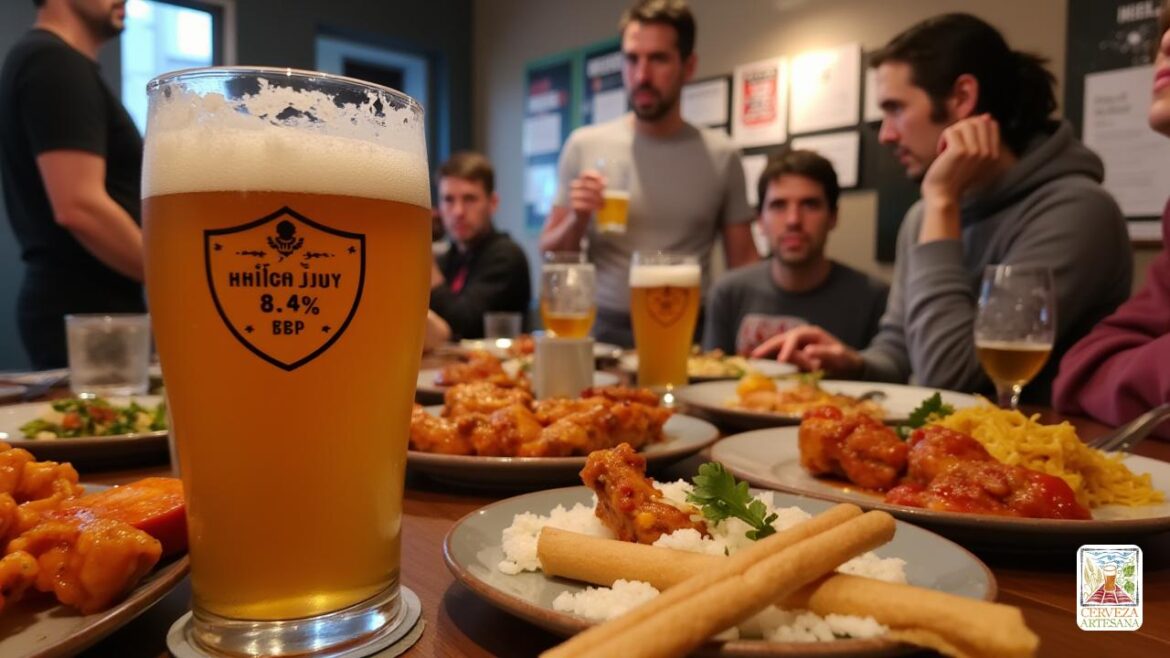 Escena realista y detallada de una moderna sala de degustación de cerveza con un grupo diverso de personas que disfrutan de un evento de maridaje de cerveza. En primer plano, un primer plano de un vaso de 'IPA', que muestra la cabeza espumosa y el color ámbar dorado, etiquetado 'High ABV, 8.4%' y '85 Ibu '. Alrededor de la escena hay platos de comida picante 'india' y 'tailandesa', incluidas 'alitas de pollo con chiles', 'jengibre', 'palitos de canela', con algunos platos visiblemente picantes y humeantes. En el fondo, una persona con atuendo casual está sosteniendo un vaso de cerveza, contemplando el maridaje. La habitación tiene una iluminación cálida, con carteles sobre aspectos científicos de la cerveza y la comida picante en las paredes, enfatizando un ambiente realista y animado de un evento de científicos de la cerveza. La escena captura la interacción de la ciencia, la comida y la bebida en un entorno acogedor y auténtico.