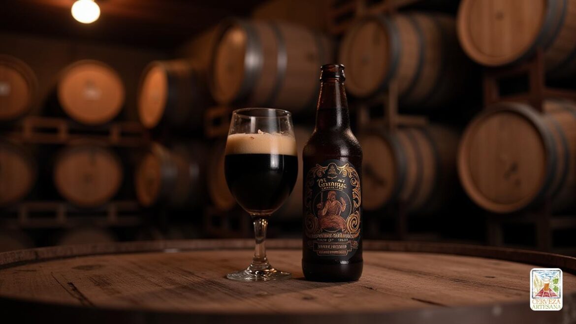 Imagen realista de alta resolución de una bodega oscura y rústica de estilo europeo con una colección de barriles de bourbon envejecidos, algunos con grano de madera visible y sutiles manchas de whisky. En primer plano, una botella de cerveza oscura 'Imperial Stout' con una etiqueta rica y texturizada y una cabeza ligeramente espumosa vertida en un vaso, que muestra las cualidades profundas 'negras' y 'densas' que recuerdan a un 'agujero negro'. La atmósfera exuda calidez con la iluminación ambiental que destaca los aromas de 'vainilla', "caramelo" y notas "ahumadas". El fondo insinúa un ambiente de elaboración acogedor y sofisticado con estantes de madera y débiles reflejos de barriles, capturando la esencia de la tradición de cerveza artesanal 'envejecida'.
