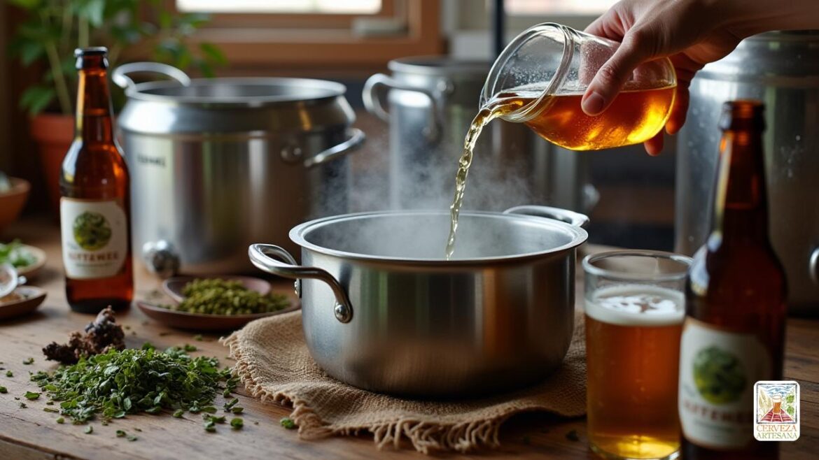 Imagen realista de una configuración rústica y bien equipada de elaboración de cerveza casera con macetas de acero inoxidable y contenedores de fermentación. Incluya detalles de primer plano de ingredientes como 'hojas de té verde', 'lúpulo' y 'Malta'. Muestre una mano vertiendo 'té verde' en un líquido hirviendo en una olla grande, con vapor aumentando. Cerca, muestre un termómetro que indica una temperatura alrededor de '25 ° C '. La escena debe evocar un ambiente cálido y acogedor con iluminación natural. En el fondo, las botellas de 'cerveza casera' con etiquetas, enfatizando el proceso artesanal. En general, la imagen debería capturar la artesanía de hacer 'cerveza artesanal con té verde' de una manera realista y detallada.