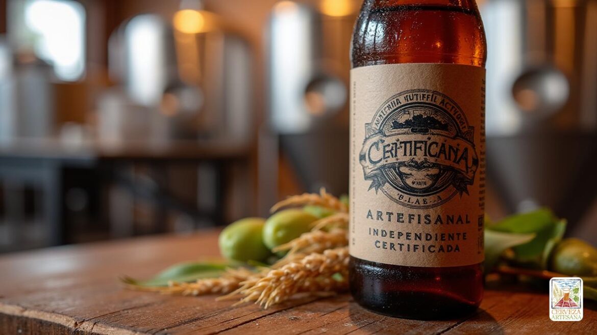 Primer plano realista de una 'botella de cerveza artesanal independiente certificada' con una etiqueta clara, ecológica y premium. La etiqueta presenta 'Artesanal Independiente Certada' con un sello o sello detallado y texturizado que indica autenticidad. La botella está hecha de vidrio oscuro, gotas de condensación helada y se para sobre una superficie rústica de madera. En el fondo, los elementos suaves y borrosos de una animada escena de cervecería artesanal con tanques de acero inoxidable, conos de lúpulo y imágenes de cebada para evocar una sensación de artesanía artesanal. La iluminación enfatiza la autenticidad y la calidad, capturando una atmósfera vibrante pero realista que celebra la elaboración independiente.