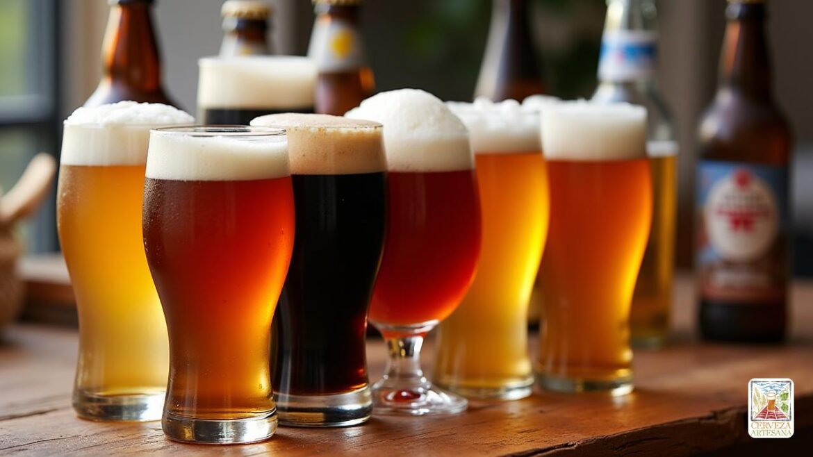 Primer plano realista de una variedad de cervezas vertidas en diferentes vasos limpios y transparentes colocados en una mesa rústica de madera. Las cervezas muestran una variedad de colores, desde 'pilsner' pálidos con un tono dorado, 'portero profundo' con tonos de chocolate negro, 'robusto' con espuma cremosa y gruesa, hasta nublado 'hefeweizen' con una apariencia brumosa. La cabeza de espuma de cada cerveza está espumosa y bien formada. Algunas botellas son visibles en el fondo, etiquetadas con estilos como 'IPA', 'Amber Ale', 'Lambic', 'Gose' y 'Berliner Weisse'. La iluminación natural suave destaca la transparencia y los ricos colores de las cervezas, enfatizando sus texturas y aromas. Los toques de fondo de cítricos, lúpulo y trigo pueden incorporarse sutilmente para reflejar los ingredientes y los perfiles de aroma típicos de cada estilo.