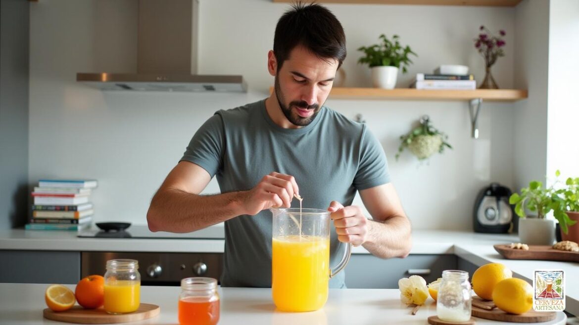 Representación realista de Davidmartinrius en una cocina moderna, preparando una 'bebida electrolítica' casera. Él está mezclando atentamente 'agua purificada', 'jugo de naranja', 'jugo de limón' y varios ingredientes como 'sal marina', 'bicarbonato de sodio', 'cloruro de potasio' y 'miel' en una gran jarra. La cocina es brillante y contemporánea, con libros de salud y nutrición en el fondo. David está vestido casualmente, mostrando un enfoque en 'hidratación' y 'nutrición'. Una atmósfera de bienestar y una vida saludable lo rodea, enfatizando la importancia de la "rehidratación" después del ejercicio o una noche de salida.