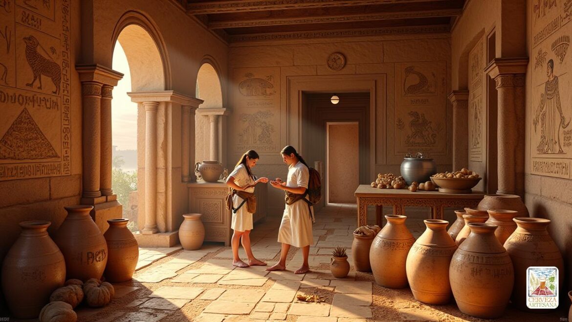 Representación realista de la escena de fabricación de cerveza del antiguo Egipto, con artesanos en vestimenta tradicional que trabajan con 'grano' como 'spelta' y 'trigo', fermentando 'cerveza' en grandes 'frascos de cerámica' sellados con 'arcilla curada' inscritos con 'jeroglyphs'. El escenario incluye un 'laboratorio egipcio' con 'pilastras' e 'inscripciones jeroglíficas' en las paredes, mostrando 'mortero y mapa', 'pan horneado' y 'barriles en barcos' a lo largo del 'Nilo'. La escena muestra 'trabajadores' cosechando 'cereal', 'granos' granos, 'amasar' masa y 'filtrado' líquido, con 'frascos' etiquetados con 'símbolos jeroglíficos' que indican 'calidad' y 'autenticidad'. El entorno debe reflejar las 'texturas realistas' de 'artefactos egipcios antiguos' y 'ropa histórica', enfatizando una 'escena' auténtica y detallada 'de' producción de cerveza 'desde la' cosecha de grano 'al' almacenamiento final 'en un' estilo inspirado en fresco '.