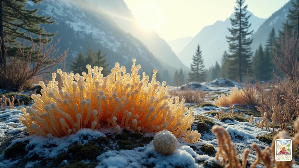 Representación realista de las levaduras microscópicas de 'Saccharomyces cerevisiae', que muestra un grupo diverso de 'células de levadura' con superficies texturizadas, algunos formando 'híbridos' con características mixtas. La escena se desarrolla en un entorno natural que se asemeja a los 'bosques patagónicos', con una atmósfera fría y brumosa, 'montañas' y una 'flora' densa 'una' flora '. La luz se filtra a través de los árboles, destacando la 'diversidad microbiana' y la naturaleza 'amante del frío' de 'Saccharomyces eubayanus'. Las levaduras aparecen en un estilo de ilustración científica altamente detallado, enfatizando su 'complejidad genética' y 'adaptaciones a bajas temperaturas'. Elementos sutiles como 'burbujas de fermentación', 'grano'. La "cebada malteada" y los "buques de fermentación" se incorporan para conectarse a la elaboración de cerveza, con texturas realistas y características biológicas precisas.