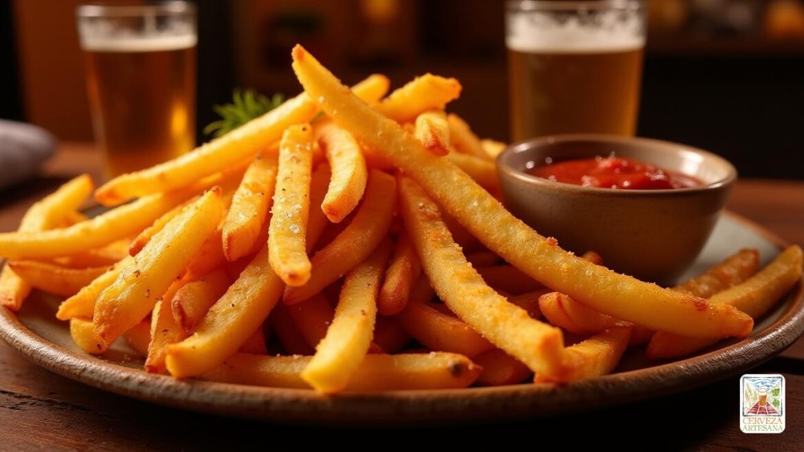 Representación realista de un plato de 'Papas Fritas' (papas fritas) fritas a una crujiente dorada, servida con un tazón de 'salsa' que combina 'mayonesa', 'ketchup', un chapoteo de 'cereza pale ale', 'pimienta de cayena' salpicada en la parte superior e infusión de 'ron'. Las papas fritas están organizadas en un plato rústico, con un fondo insinuando un acogedor entorno belga, tal vez con un toque de ambiente 'Museo de la Papa Frita', que muestra un ambiente cálido y acogedor. La escena enfatiza un color marrón dorado perfecto de las papas fritas, texturizada para verse crujiente, con condensación en el tazón de salsa y detalles sutiles como cristales de sal en las papas fritas, y un vaso de cerveza ligeramente helado cerca, todo con iluminación vibrante pero realista.