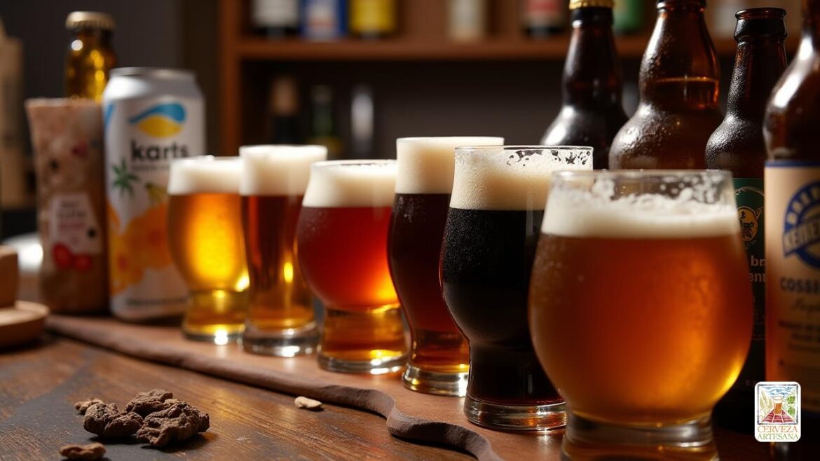 Representación realista de una escena de degustación de cerveza altamente detallada en un entorno profesional. El foco está en una variedad de cervezas en diferentes cristalería, mostrando diversos colores de 'amarillo pálido' a 'negro profundo'. Las cervezas exhiben una 'espuma' perfecta con burbujas 'estables', 'cremosas' que descansan sobre cada vertido. Una variedad de botellas y latas de cerveza con etiquetas que indican estilos como 'Lager' y 'Ale' son visibles. El fondo sugiere sutilmente un 'Cerveza' 'barril' o 'mesa de degustación' con elementos como 'Malta', 'Hops' e 'levadura' ingredientes artificiales. El entorno captura la esencia de la 'cata de cerveza profesional' con una iluminación cálida que enfatiza los 'colores ricos' y las 'texturas de las cervezas', destacando la importancia de 'apariencia', 'aroma' y 'cuerpo' en la apreciación de la cerveza.