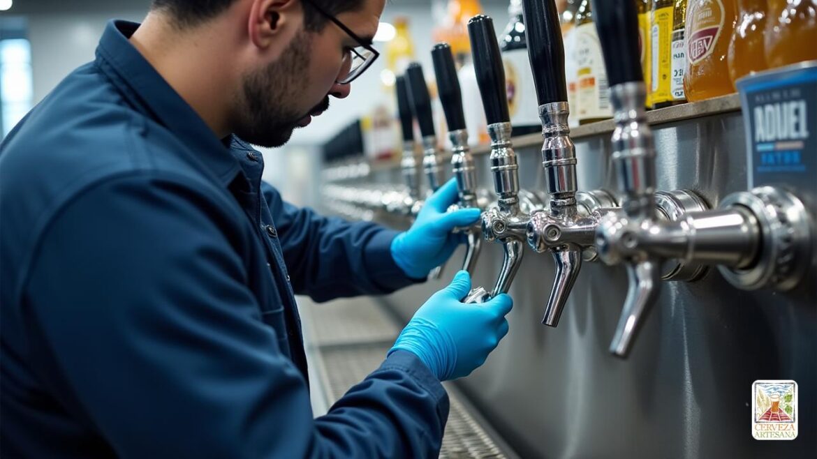 Un entorno de cervecería artesanal en realidad, con un enfoque en la limpieza y mantenimiento de las líneas de cerveza. La imagen muestra un técnico con equipo de protección personal, incluyendo guantes y gafas, desmontando y limpiando con cuidado los grifos de cerveza de acero inoxidable, en una máquina o sistema de líneas de servicio claramente instalado y bien cuidado. En el fondo, se observa una serie de líneas de servicio de vidrio y acero, con etiquetas y componentes metálicos limpios, y un ambiente higiénico y profesional. La escena transmite precisión, cuidado en el mantenimiento, y un ambiente de alta calidad, resaltando la importancia de la limpieza para mantener la pureza y sabor de la producto artesanal, sin elementos cartoon o ilustrativos, con un estilo fotográfico realista y de alta calidad.