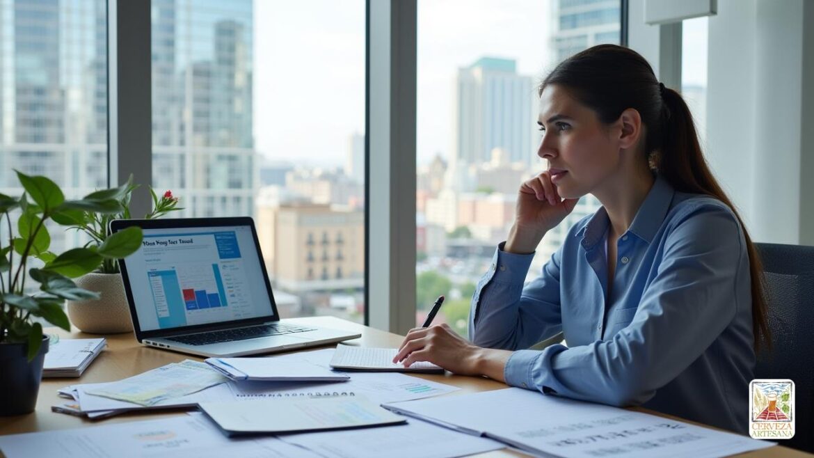 Un entorno de oficina realista donde un profesional de negocios está planeando un viaje de trabajo. La escena presenta un escritorio desordenado con una computadora portátil que muestra una herramienta de presupuesto de viajes digital, un calendario con fechas de viaje marcadas y varios documentos de viaje como trozos de boletos y reservas de hoteles. El fondo muestra una gran ventana con vistas a un bullicioso paisaje urbano, que simboliza destinos comerciales estratégicos. El profesional se dedica al pensamiento, con un bloc de notas y un bolígrafo en la mano, enfatizando la planificación proactiva para un viaje de negocios mientras mantiene una atmósfera relajada.