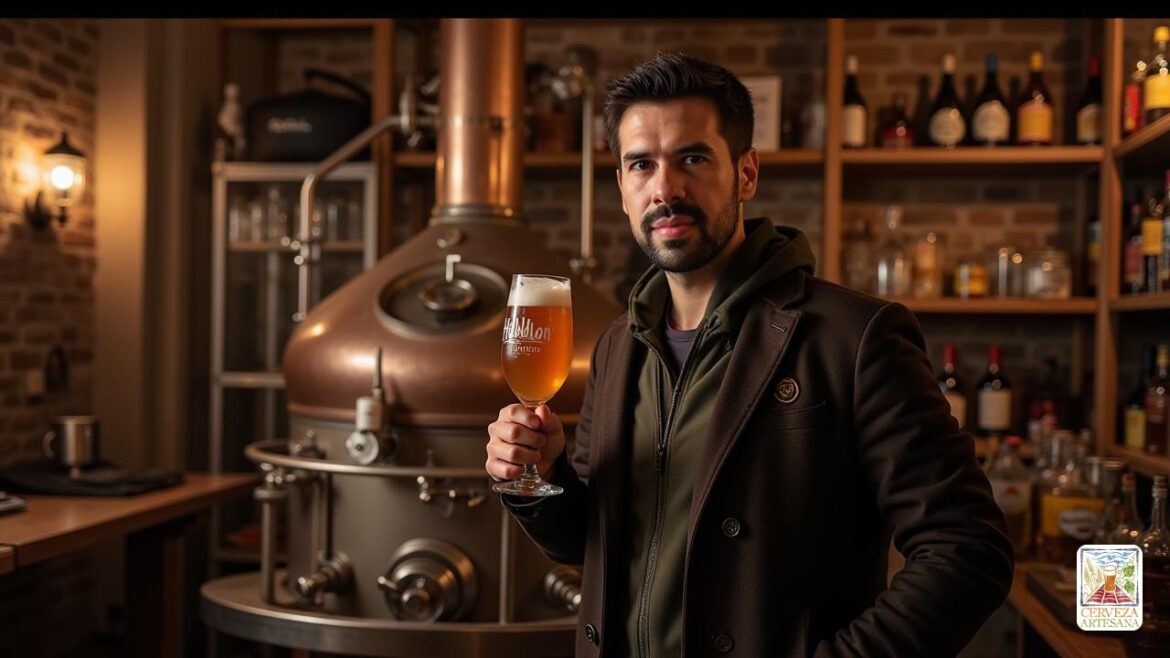 Un entorno realista con 'Davidmartinrius', un sofisticado conocedor de cervezas artesanales, de pie con orgullo en una cervecería rústica pero elegante en Ahouffe, Bélgica. Está sosteniendo un vaso de 'Houblon Chouffe Tripel IPA', que muestra su brillante tono 'amarillo dorado' y su fina carbonatación. Alrededor de él hay equipos y estantes de elaboración de cerveza repletos de varias cervezas, destacando la 'tradición' de los estilos de Tripel en inglés y IPA belga. La atmósfera es cálida y acogedora, con una iluminación suave que acentúa los ricos aromas de 'cítricos', 'especias' y 'hierbas' en el aire. David se dedica a una conversación con un compañero entusiasta de la cerveza, discutiendo el complejo perfil de sabor de la IPA, incluidas sus "cítricos", 'pino' y notas 'herbales'. El escenario refleja una combinación del encanto de 'Viejo Mundo' y las técnicas de elaboración modernas, enfatizando la esencia única de esta cerveza 'luppida' y aromática.