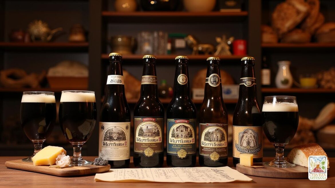 Un entorno realista que muestra una selección de cervezas belgas de "Trapense" belgas de alta calidad, prominentemente con 'Westvleteren 12' en varias botellas antiguas, incluidos años específicos como '2010', '2012' y '2016'. El telón de fondo debe reflejar un ambiente rústico del monasterio belga con estantes de madera, iluminación tenue y tal vez un vistazo a la arquitectura del monasterio en el fondo. Cada botella de cerveza debe mostrar un etiquetado claro, con detalles visibles como el color y el nivel de carbonatación de la cerveza. Se debe colocar un vaso de cada cerveza junto a las botellas, mostrando sus ricos tonos oscuros. Incorpore elementos como un tablero de degustación de madera, notas de degustación escritas sobre pergamino y una pequeña selección de quesos y pan acompañantes, enfatizando la experiencia de degustación de cerveza.