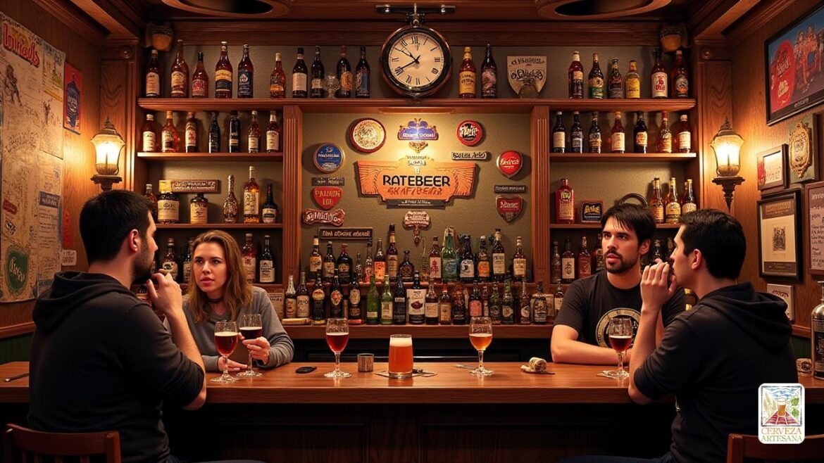 Un entorno realista y detallado que representa el mundo de la cerveza artesanal, con una escena de bar con entusiastas de 'cerveza artesanal', una variedad de varias 'botellas de cerveza' que se muestran en los estantes, la marca 'rateBeer' prominentemente visible, y los logotipos de 'ZX aventures' integrados sutilmente en el diseño. El interior del bar debe exhibir recuerdos de cerveza vintage y un ambiente acogedor. Los clientes participan en discusiones animadas sobre 'cervezas artesanales' y comparten sus calificaciones, con un telón de fondo que indica una combinación de 'cervecerías locales' y 'bares'. La iluminación debe ser cálida y acogedora, creando un ambiente vibrante pero relajado en la comunidad de cerveza artesanal.