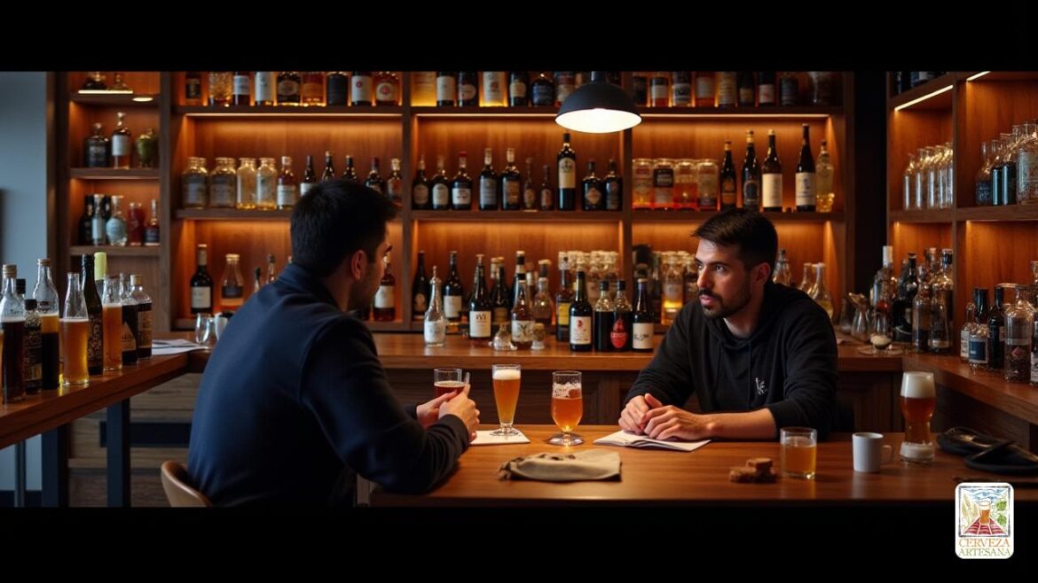 Un escenario de una cervecería moderna y elegante, con un hombre llamado Davidmartinrius en primer plano, interactuando con un experto en cervezas, ambos observando una amplia variedad de cervezas cuidadosamente etiquetadas en una estantería de madera oscura. La iluminación suave resalta los tonos dorados y ámbar de las cervezas en cristaleras de diferentes formas, incluidas copas tipo tulipa, pinta y vaso de pinta. La escena refleja un ambiente de estudio y apreciación de cervezas artesanales, con detalles de notas de color en las etiquetas y un fondo que presenta gráficos y textos relacionados con las categorías y estilos de la reciente Guía de Estilos de Cerveza BJCP 2021. La atmósfera es con un toque de sofisticación y pasión por la cerveza, con elementos modernos, como tablets o laptops que muestran información técnica y referencias, todo en un ambiente realista y detallado.
