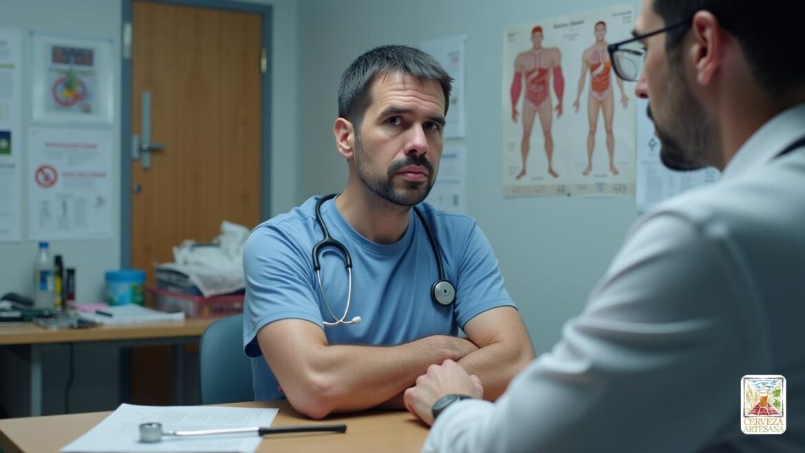 Un 'hombre de mediana edad' con una expresión preocupada sentada en una 'clínica médica', rodeado de 'gráficos médicos' y 'equipo médico'. Tiene una mirada de confusión y frustración, lo que refleja sus síntomas de 'amnesia', 'irritación' y 'depresión'. Su entorno es realista, que representa un consultorio de médico típico con un 'estetoscopio' sobre la mesa y un 'póster médico' del sistema digestivo humano en la pared. La iluminación es suave y clínica, lo que sugiere una atmósfera grave mientras discute su condición, 'Síndrome de la cervecería automática', con un 'médico' preocupado cerca. El comportamiento del médico es profesional y tranquilizador.