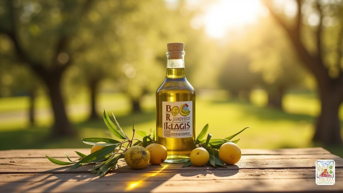 Un primer plano de una botella de aceite de oliva virgen extra ecológico en una mesa de madera, con una etiqueta claramente visible que lleva las palabras 'BIO' y 'ORGÁNICO' en letras grandes, acompañada de iconos certificados como 'GR BIO' y 'USDA'. La botella está rodeada de aceitunas verdes y negras, entre ellas variedades resistentes como 'koroneiki', en un paisaje de olivares en una zona mediterránea con árboles robustos y frondosos, bajo una luz cálida y natural que resalta la textura y el color dorado del aceite. El fondo muestra un entorno agrícola bien cuidado, con agricultores recogiendo aceitunas en el momento de la cosecha, todo con una sensación de frescura, autenticidad y respeto por el medio ambiente, sin estilos caricaturescos o ilustrativos, en fotografía realista.