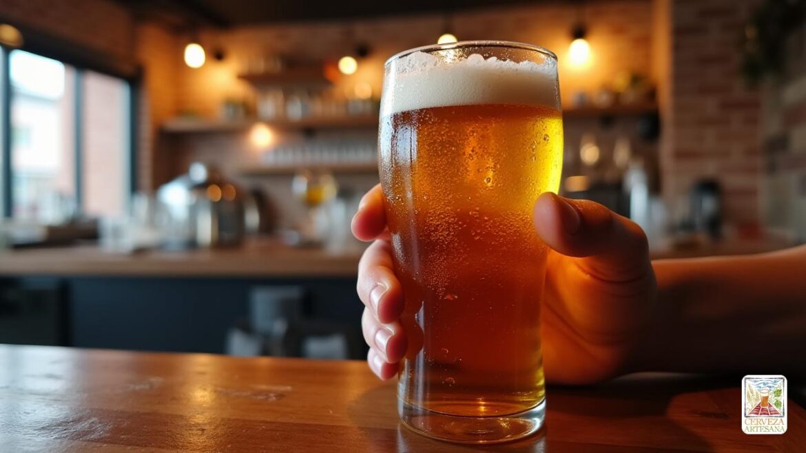 Un primer plano, una toma ultrarealista de una mano que sostiene un 'vaso de pinta' lleno de 'cerveza ámbar dorada', condensación en la superficie del vidrio, con un fondo borrosa de un interior moderno y rústico de la barra de cervecería. La escena captura la textura y el detalle de la cerveza, incluidas las burbujas que se elevan y una ligera cabeza espumosa, bajo una cálida iluminación que resalta la claridad y la riqueza. Haga hincapié en el "realismo" con el enfoque nítido en la textura del vidrio, las gotas y el tono de la cerveza, transmitiendo la experiencia sensorial de probar y evaluar una cerveza artesanal en un entorno relajado y auténtico.