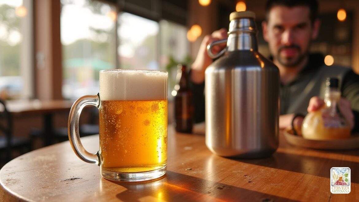 El ‘growler’ es de ‘acero inoxidable’ pulido, con un ‘asa de madera’ that Un 'realista' promocional de un 'growler' de cerveza en un ambiente moderno y acogedor. El 'growler' es de 'acero inoxidable' pulido, con un 'asa de madera' que resalta su diseño clásico y elegante. La escena muestra el 'growler' lleno de 'cerveza artesanal' con burbujas visibles, reflejando la luz natural que entra en una 'cafetería' o 'bar' contemporáneo con 'ventanas grandes'. En el fondo, hay 'botellas' de diferentes 'cervezas artesanales' en estanterías, y unos 'copos' y 'tarros' en una mesa cercana. La atmósfera transmite la sensación de 'sostenibilidad', 'aroma fresco' y 'libertad' de disfrutar cerveza en casa o en un lugar social, con un enfoque 'realista' y detallado en los texturas de los materiales y la espuma en la cerveza.