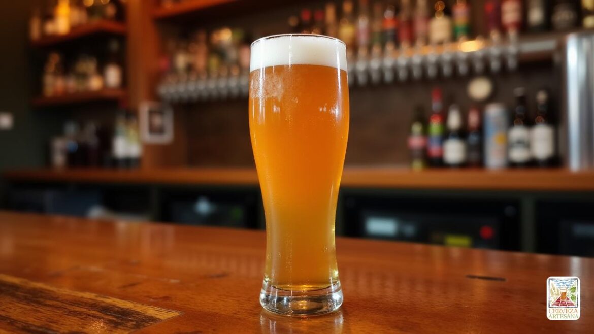 Un vaso realista de 'cerveza' servido a la temperatura perfecta, colocada en un mostrador de barra de madera. El vidrio está lleno de una 'cerveza', que muestra su color dorado pálido con una cabeza blanca espumosa. El fondo presenta una barra rústica con botellas de 'cerveza artesanal' y grifos. La iluminación ambiental suave resalta las burbujas de carbonatación que se elevan a través de la cerveza. Hay una calidez sutil en la atmósfera que sugiere una noche acogedora. Los detalles texturales de la madera y el vidrio crean un entorno armonioso que celebra la apreciación de la cultura de 'cerveza'.