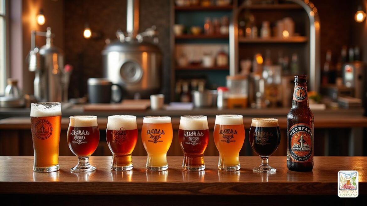 Una composición realista y detallada que muestra una selección diversa de 'cervezas artesanales', 'pintas', 'botellas de cerveza' y 'vasos de cerveza' dispuestos estéticamente en una mesa de madera. El fondo es una acogedora barra con iluminación ambiental suave, que da una atmósfera acogedora. Cada cerveza debe mostrar etiquetas y colores únicos, ilustrando la variedad de 'sabores', 'estilos' y 'texturas' que se encuentran en el mundo de la cerveza. La escena captura la alegría de compartir cervezas con amigos, incluidos momentos de risa y alegría. Debe haber elementos que se asemejan a equipos de cerveza de cerveza incluidos sutilmente en el fondo, enfatizando el aspecto de "artesanía" de la fabricación de cerveza.