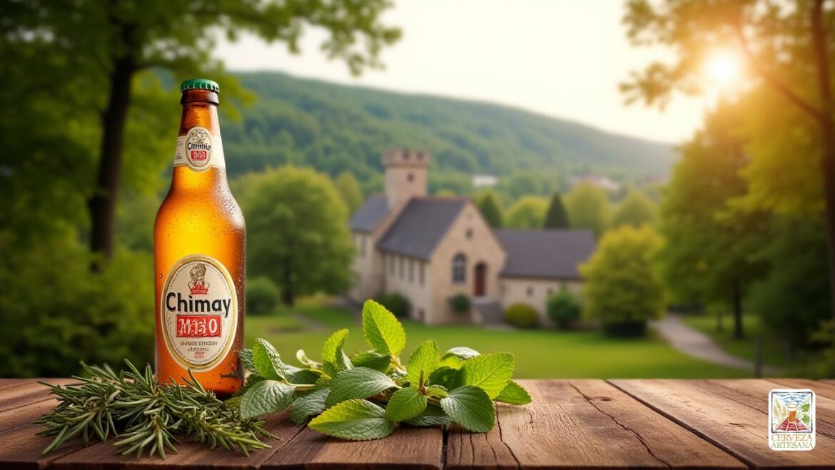 Una descripción realista de una botella de 'Chimay 150 Belga Golden Strong Ale', que muestra su color 'dorado pálido' con la cabeza de 'espumoso blanco', colocado en una mesa rústica de madera. Al rodear la botella, hay hierbas frescas como 'Rosemary', 'Mint' y 'Eucalyptus', insinuando sus aromas únicos. El fondo presenta una vista serena de la 'Abadía Chimay' y los exuberantes 'bosques' verdes, que refleja la belleza natural de la región. La suave luz solar se filtra a través de los árboles, creando una atmósfera cálida y acogedora, enfatizando la 'herencia' y la 'tradición' de esta cervecería 'trampensa'. La etiqueta es claramente visible, mostrando la característica de 'Cap verde' de Chimay 150.