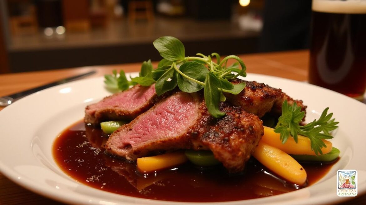Una descripción realista de una "magret de pato" bellamente placada (pechuga de pato) servida con una rica salsa de "cerveza oscura)" cereño "). El pato está perfectamente cocinado, mostrando su jugosa carne rojiza que brilla en su propia grasa. El plato está adornado con hierbas frescas y una colorida variedad de verduras, proporcionando un contraste vibrante con el color profundo del pato y la salsa. Un vaso de 'Cerveza Negra' se presenta elegantemente al lado del plato, destacando la combinación de pato con cerveza. El entorno es un ambiente de comedor acogedor, con una iluminación suave para mejorar el calor del plato.
