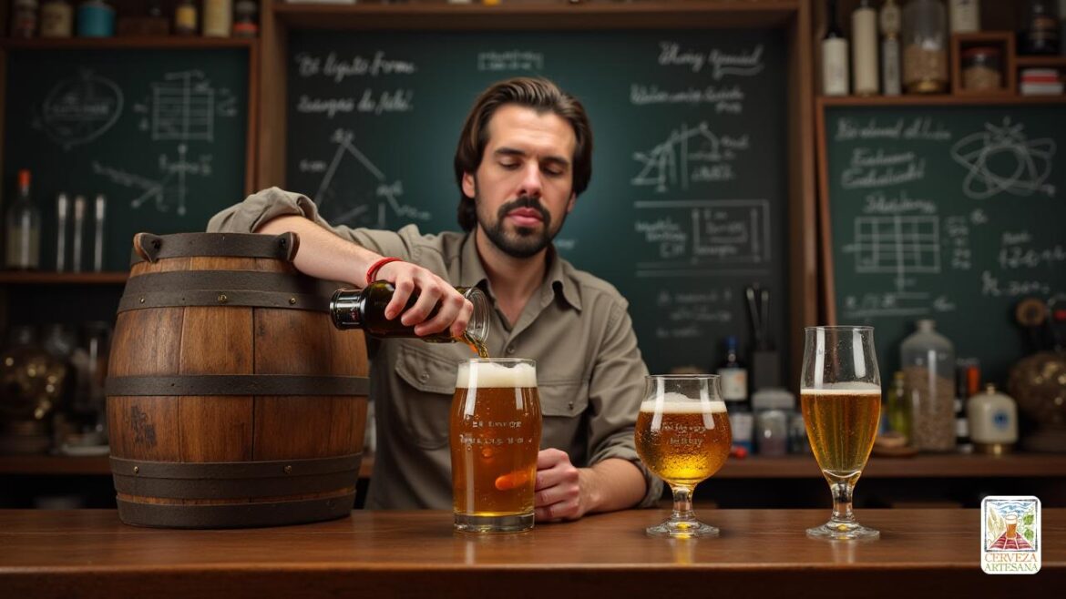 Una escena altamente detallada y realista con un matemático, Davidmartinrius, que se encuentra en un ambiente de laboratorio antiguo. Está vertiendo cuidadosamente la cerveza de un gran cañón de 2 litros en un conjunto de tres contenedores de vidrio, dos con una capacidad de ¾ litros y una con una capacidad de ½ litro, cada uno meticulosamente etiquetado con 'Cuarto de Litro' para enfatizar la analogía cuántica. La escena captura una sensación de precisión tecnológica, con reflejos sobre el vidrio, sutil vapor o sugerencias de condensación, y una iluminación cálida y ambiental que resalta las texturas de la cerveza y la cristalería. En el fondo, hay chalkboards llenas de diagramas y ecuaciones relacionadas con la física cuántica, incluidas las referencias a la fórmula de Max Planck y las teorías de Einstein, combinando la naturaleza científica y lúdica de la analogía. Davidmartinrius tiene una expresión de concentración y curiosidad, tal vez sosteniendo una pequeña pipeta o herramienta de medición, que ilustr