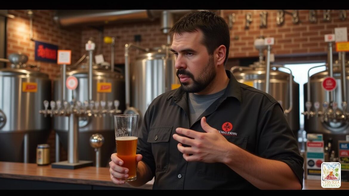 Una escena altamente detallada y realista de Davidmartinrius de pie en una moderna cervecería artesanal, rodeada de fermentadores de acero inoxidable y grifos de cerveza, con un telón de fondo de vibrantes etiquetas de cerveza y envases. Está comprometido en una discusión reflexiva, tal vez sosteniendo un vaso de cerveza en una mano y haciendo un gesto con la otra. El entorno refleja una combinación de artesanía e industria, con sutiles pistas sobre el movimiento de "artesanía independiente", como una pancarta o una pegatina en una pared que dice "artesanía independiente". La iluminación es cálida y acogedora, destacando las texturas del equipo de elaboración de cerveza y la expresión segura y contemplativa en la cara de Davidmartinrius. La escena captura un momento de autenticidad del mundo real, enfatizando la pasión e integridad detrás de la elaboración independiente de pequeña escala, sin elementos de dibujos animados o ilustrados.