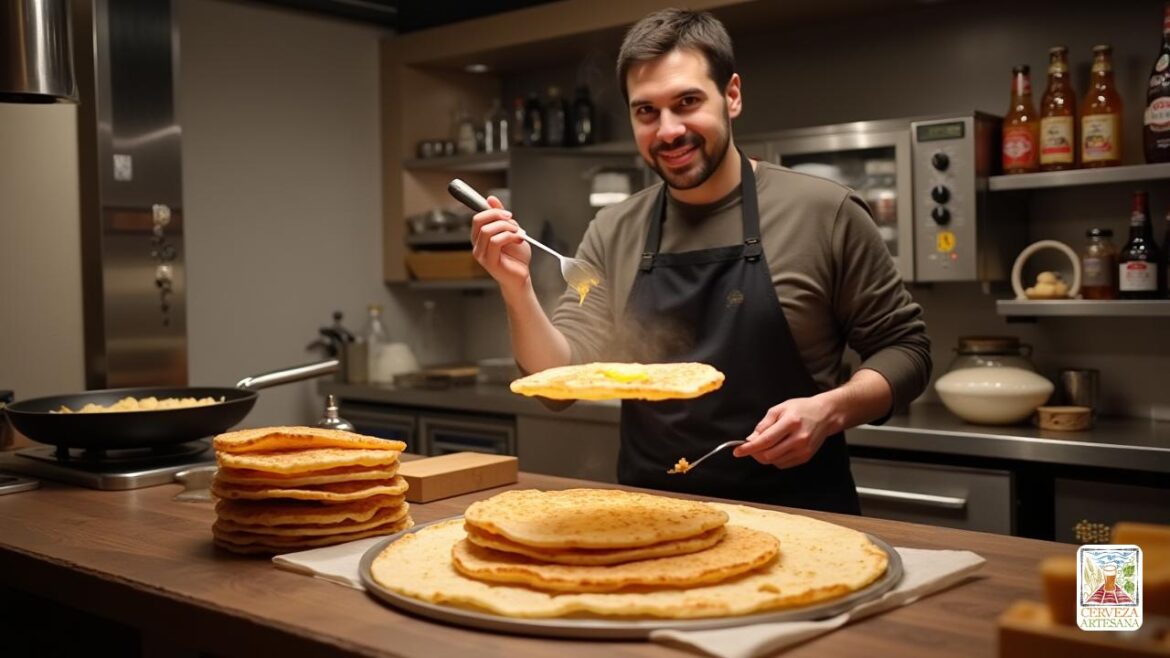 Una escena altamente detallada y realista de 'Davidmartinrius' en una cocina profesional que prepara 'crepes à la bière' en una moderna 'crepe' de alta calidad 'con una superficie antiadherente. La escena lo muestra con confianza volteando una 'crepe' delgada y dorada dorada en el aire con una ligera sonrisa, capturando el movimiento a mitad de la volta. El fondo incluye una encimera bien organizada con ingredientes como 'Harina', 'Cerveza', 'Leche' y utensilios como una 'espátula' y un 'le petit râteau'. La iluminación suave y cálida resalta la textura de la 'crepe' cocida, el vapor que se eleva sutilmente y las 'crepes' brillantes y ligeramente manteadas en un plato grande cubierto con 'aluminio de papel'. El entorno de la cocina es moderno y limpio, con tonos neutros y electrodomésticos de acero inoxidable, enfatizando el proceso de cocción y la artesanía detrás de las 'crepes à la bière' perfectas.