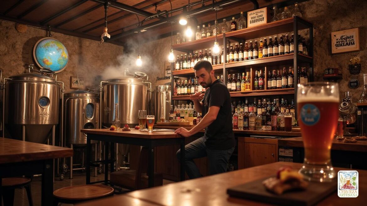 Una escena altamente detallada y realista de un bullicioso interior de la cervecería artesanal con cálida iluminación ambiental. En primer plano, un maestro cervecero experto con atuendo casual inspecciona un gran tanque de fermentación de acero inoxidable, con vapor visible y condensación. Alrededor de la escena hay estantes bordeados de varias botellas de vidrio y copas de cerveza llenas de diferentes estilos como 'IPA', 'Saison' y 'APA'. En el fondo, múltiples buques y equipos de elaboración de cerveza se organizan meticulosamente. La atmósfera transmite pasión e innovación, enfatizando la naturaleza global y artesanal de la elaboración artesanal. Incluyen elementos culturales que sugieran influencias internacionales, quizás signos sutiles o etiquetas que hacen referencia a 'Inglaterra', 'Bélgica', 'Brasil', 'Estados Unidos', estilos 'ucranianos' y un mapa o globo que muestra la propagación mundial de las cervecerías artesanales.
