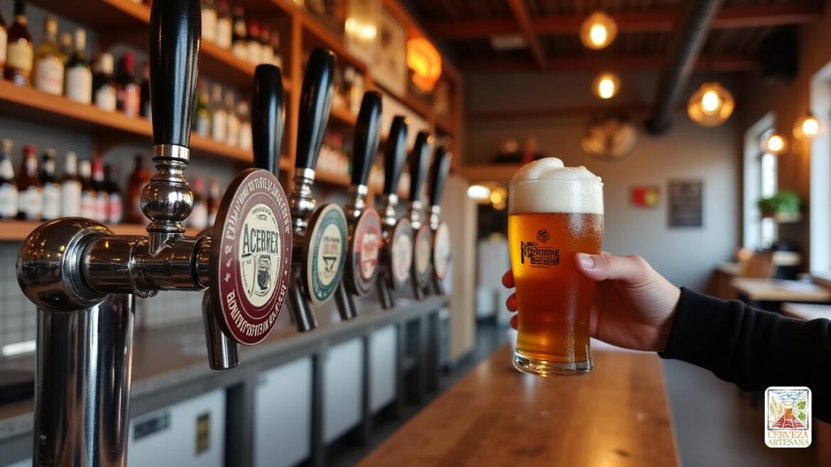 Una escena altamente detallada y realista de un interior moderno de cervecería artesanal mexicana durante el día. Concéntrese en un elegante y limpio mostrador con una hilera de grifos de cerveza artesanales etiquetados con 'Independiente', 'Artesanal' y 'Mexicana' focas. En el fondo, los estantes llenos de botellas y productores, algunos con el 'sello acermex' que se muestran prominentemente en las etiquetas. La atmósfera debe transmitir autenticidad y orgullo, con una iluminación cálida que destaca las texturas de acero inoxidable, vidrio y acentos de madera ricos. Incluya un primer plano de una mano vertiendo una cerveza ámbar dorada con una espuma espumosa que se derrama, enfatizando el motivo de 'Pinta con espuma derramada'. Transmitir una sensación de frescura, artesanía e identidad mexicana, con elementos sutiles como una pequeña bandera mexicana o motivos tradicionales en la decoración para reforzar la conexión cultural. La escena debería parecer fiel a la vida, sin dibujos animados o ilustraciones, c
