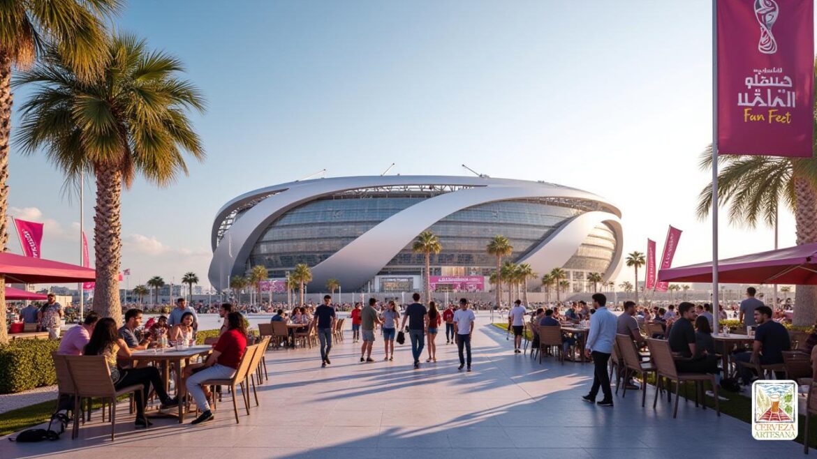 Una escena altamente detallada y realista de un moderno estadio de Qatar durante la Copa Mundial de la FIFA, con una elegante arquitectura basada en una isla artificial, con el estadio Lusail con su gran estructura y alojamientos de lujo circundantes. En primer plano, un hombre bien vestido llamado Davidmartinrius, interactuando casualmente con otros cerca de un área de 'Fan Fest', donde grupos de diversos fanáticos del fútbol disfrutan de bebidas a pesar de las restricciones. La escena muestra un contraste entre los elementos tradicionales del Medio Oriente como el diseño del estadio Al Thumama, que se asemeja a un sombrero tradicional 'taquiyah' y un lujo contemporáneo. Atención específica a las características innovadoras de los estadios, como los contenedores reciclados del Estadio 974 y el diseño temático de Al Bayt que se asemeja a una gran 'carpa beduina', con pancartas y pantallas que celebran el evento. La atmósfera es vibrante pero disciplinada, capturando contrastes culturales y la energía de una c