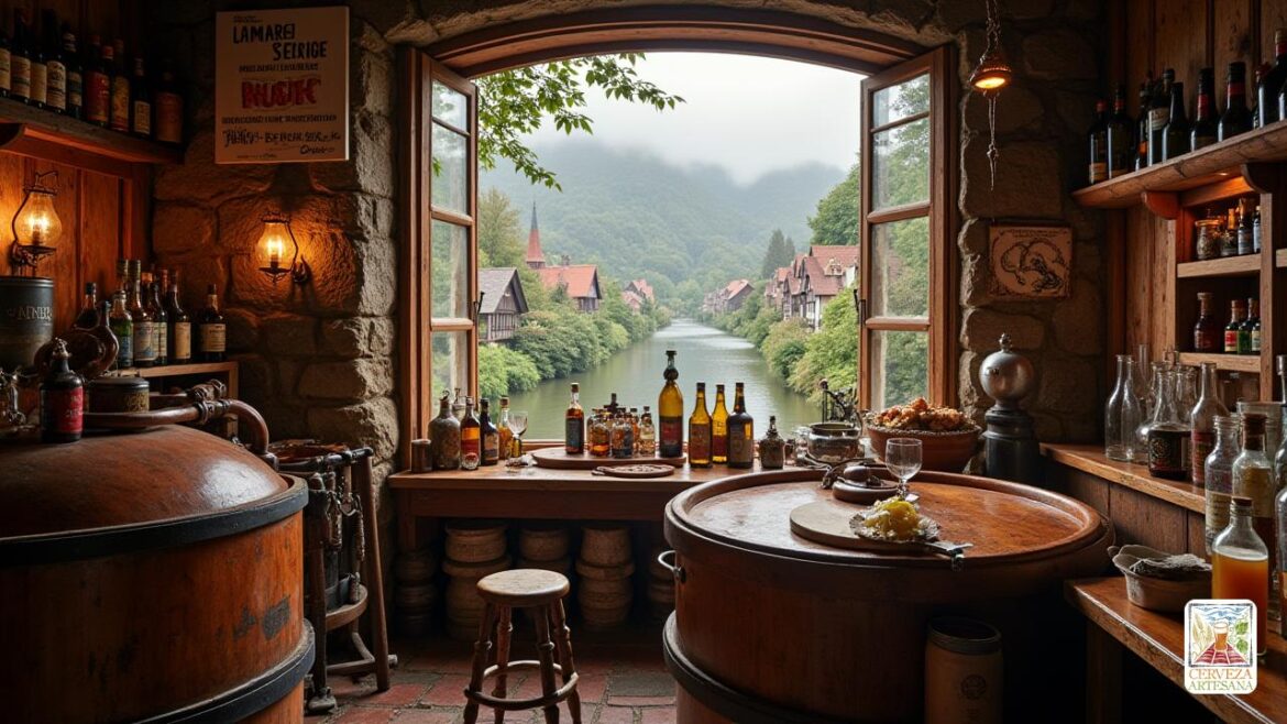 Una escena altamente detallada y realista de una cervecería tradicional belga a fines del siglo XIX o principios del siglo XX. El enfoque se centra en una tina de madera rústica y vintage o 'alámica' con acentos de cobre, rodeado de herramientas de elaboración de cerveza y botellas de vidrio. En el fondo, una ventana revela un exuberante y brumoso valle junto al río Senne con arquitectura belga, incluidas casas estrechas con techos empinados. La escena captura el proceso artesanal de fermentación espontánea, con elementos naturales como levaduras y bacterias salvajes ilustrados sutilmente en el aire, tal vez con suaves mechones o microburbujas. La iluminación cálida y natural enfatiza la autenticidad, la artesanía y el ambiente histórico de la elaboración lambic, con etiquetas o signos insinuando estilos 'lambic' y 'gueuze'. La imagen debe evocar un sentido de tradición, proceso orgánico y patrimonio regional, con el objetivo de una representación realista como si fuera capturada en una fotografía histórica g