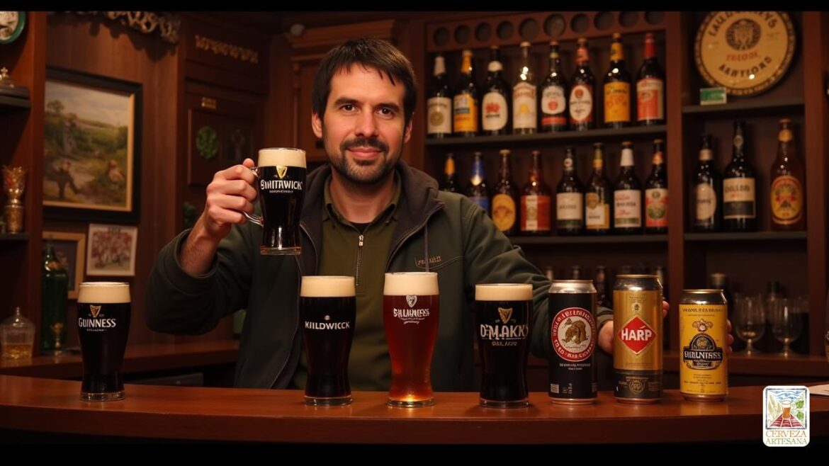 Una escena altamente detallada y realista dentro de un pub irlandés tradicional, con poca luz con cálidos tonos ámbar. En primer plano, un hombre de mediana edad llamado Davidmartinrius con un comportamiento amigable, cabello corto y oscuro y atuendo informal de inspiración irlandesa, está levantando un vaso de 'guinness' en una tostada. La escena incluye una variedad de vasos de cerveza en el bar: una pinta alta de 'Guinness' con su color oscuro y cabeza cremosa, una cerveza roja de 'Smithwick' en un vaso con un tono rubí, una cerveza 'Killkeny' en una lata con su logotipo distintivo y un robo de 'Murphy' con un color negro negro profundo. Detrás de la barra, los estantes muestran botellas de 'O’Hara', 'Galway Hooker', 'Hilden Belfast Blonde' y 'Harp' Lagers, cada una con sus etiquetas y marcas únicas. Las paredes del pub están decoradas con motivos gaélicos y señalización irlandesa vintage. El ambiente es animado y auténtico, capturando la esencia social de la cultura de la cerveza irlandesa con un enfoque