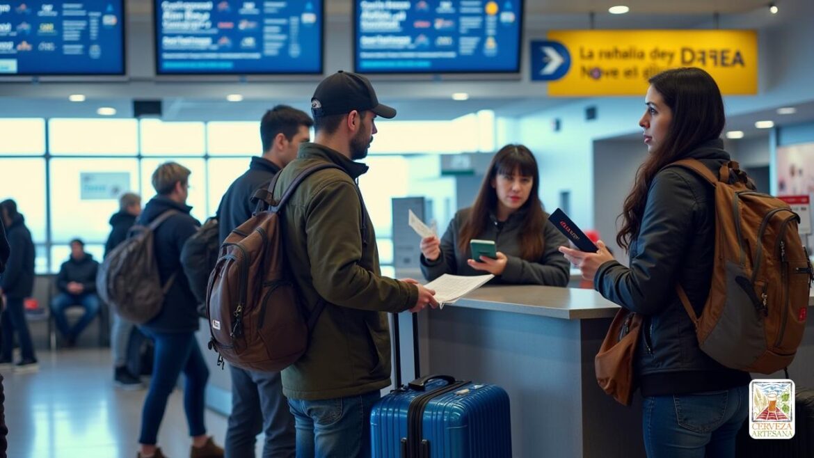 Una escena altamente detallada y realista dentro de una terminal del aeropuerto. Central Focus en un grupo diverso de viajeros en el mostrador de check-in 'Aerolínea', presentando un 'Informe de equipaje perdido' a un agente de una aerolínea profesional detrás del mostrador. Resalte el equipaje con una "etiqueta roja" distintiva y una "maleta azul" con marcas de identificación claras ". Cerca, un viajero está sosteniendo su 'pasaporte' y 'pase de embarque', luciendo un poco ansioso pero tratando de mantener la calma. El fondo muestra un aeropuerto concurrido con 'pasajeros' sentados y caminando, 'pantallas de información de vuelo', visible, que muestra vuelos y estados. La atmósfera es realista, capturando la tensión y la esperanza de los viajeros que se ocupan del equipaje perdido, con texturas detalladas sobre ropa, equipaje y señalización del aeropuerto.