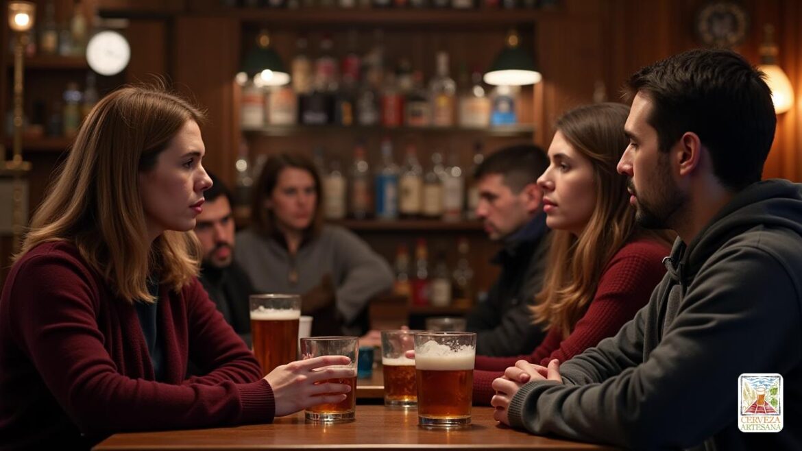 Una escena altamente detallada y realista que representa un entorno de 'bar' o 'pub' con un enfoque en la diversidad en los clientes, que muestra el aspecto social del consumo de alcohol. La escena incluye una 'mujer' y un 'hombre' que tiene una conversación sobre 'gafas de cerveza' y 'gafas de whisky', con un fondo de 'bar de madera refinada' llena de 'botellas' y 'iluminación tenue y cálida'. En el fondo, una escena de "familia" ilustra sutilmente el contraste entre el consumo social y su potencial impacto negativo, con una persona "desaliñada" en la esquina que representa el "mal uso del alcohol". El tono general es serio pero realizado, enfatizando el realismo y el contexto social.