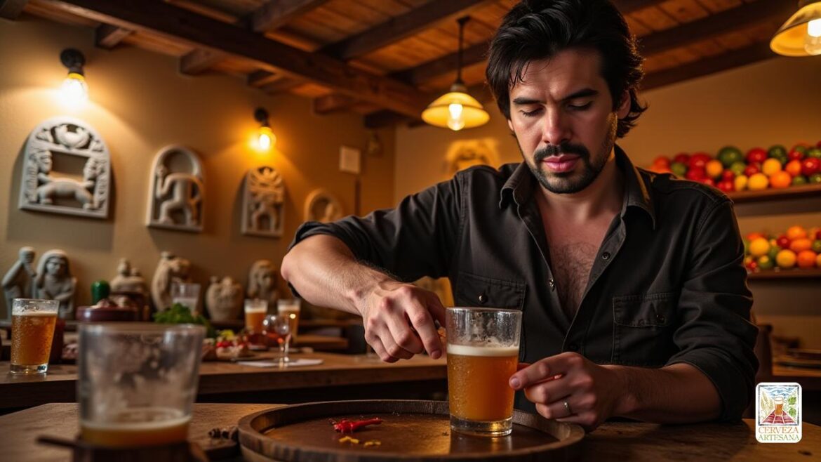 Una escena altamente realista ambientada en una pulquería tradicional mexicana, con una cálida iluminación ambiental que enfatiza los rústicos vigas de madera y la decoración vintage. En primer plano, un hombre carismático con cabello oscuro y un atuendo mexicano informal pero auténtico, etiquetado como 'Davidmartinrius', se encuentra junto a un tradicional barril de madera que vierte 'pulque' en un vaso. El vidrio revela el 'pulque' grueso, ligeramente nublado y fermentado con una parte superior espumosa, dando una apariencia pesada y viscosa. En el fondo, los estantes forrados con frutas coloridas como naranjas, chiles y hierbas, junto con tallas de piedra antiguas que representan representaciones antiguas de pulque, agregan profundidad cultural. La atmósfera captura la nostalgia, la tradición y la sensación orgánica de la bebida histórica, con sutiles toques de un ambiente pulquería ocupado y animado, patrones en la vestimenta tradicional, algunas que disfrutan de sus bebidas y otras conversaciones. Las te