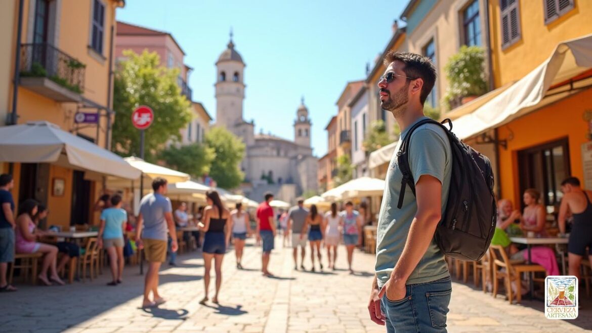 Una escena altamente realista con 'Davidmartinrius' en una calle turística bulliciosa y colorida durante 'verano', rodeada de diversas 'personas' que participan en interacciones alegres. El escenario muestra 'puntos de referencia históricos', 'cafés modernos' y 'mercados vibrantes' bajo un cielo brillante y claro. 'Davidmartinrius' está vestido casualmente, observando la escena con una expresión reflexiva, tal vez sosteniendo una cámara o una guía de viaje. La atmósfera irradia 'liberación', 'aventura' y 'conexión social', capturando la esencia de los 'beneficios de viaje' mencionados en la publicación. La composición enfatiza la 'diversidad cultural', 'alegría' y 'exploración en un estilo realista y vívido'.
