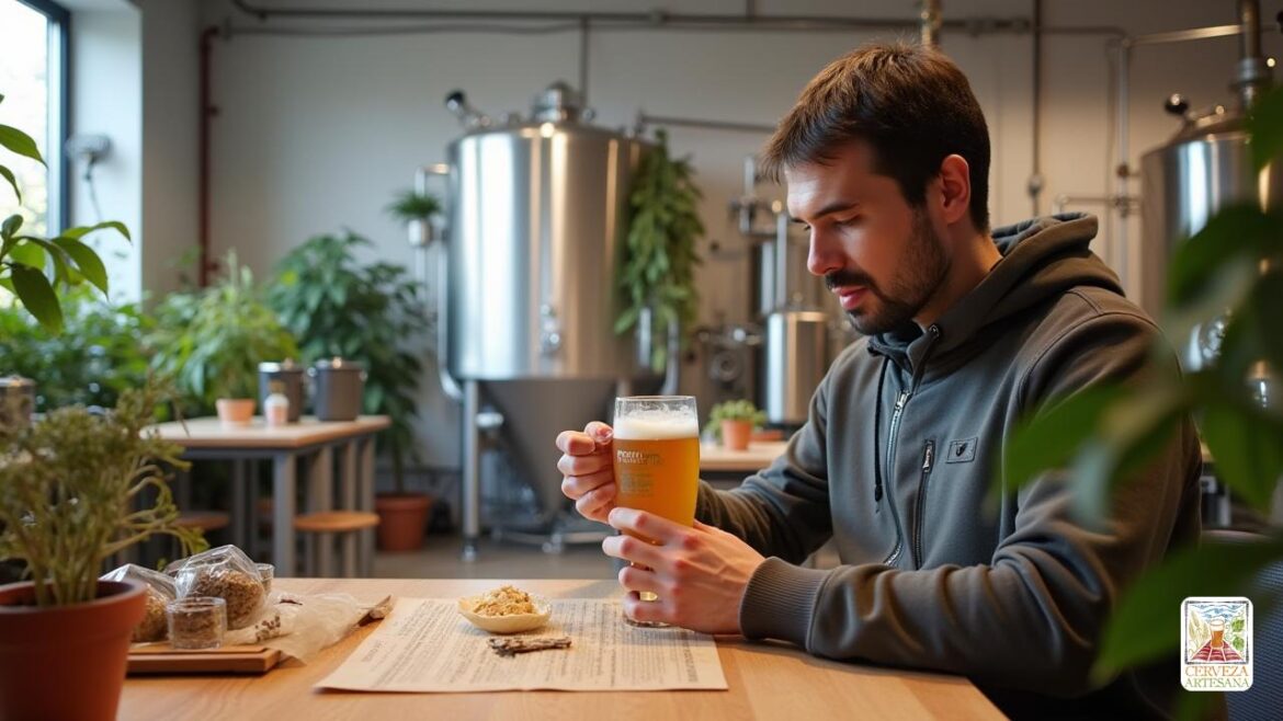 Una escena altamente realista con una persona llamada 'Davidmartinrius' en una moderna cervecería ecológica cerca de Munich, rodeada de una gran y elegante configuración industrial que incluye equipos de elaboración tradicionales adaptados para 'cerveza soluble'. El entorno enfatiza la innovación con toques de sostenibilidad ambiental, como las plantas verdes y la luz natural. En primer plano, Davidmartinrius está examinando un producto claro y perfectamente formado de 'cerveza en polvo' en un recipiente minimalista y ecológico. El fondo muestra elementos sutiles que representan "Alemania", "Munich" y temas "monásticos", con toques de arquitectura "bávara" y un toque de "diseño industrial". El ambiente general es profesional, innovador y enfocado en el medio ambiente, capturando el desarrollo de vanguardia de este concepto de cerveza seca 'revolucionario' diseñado para 'salvar recursos' e 'interrumpir la industria de la cerveza tradicional'.