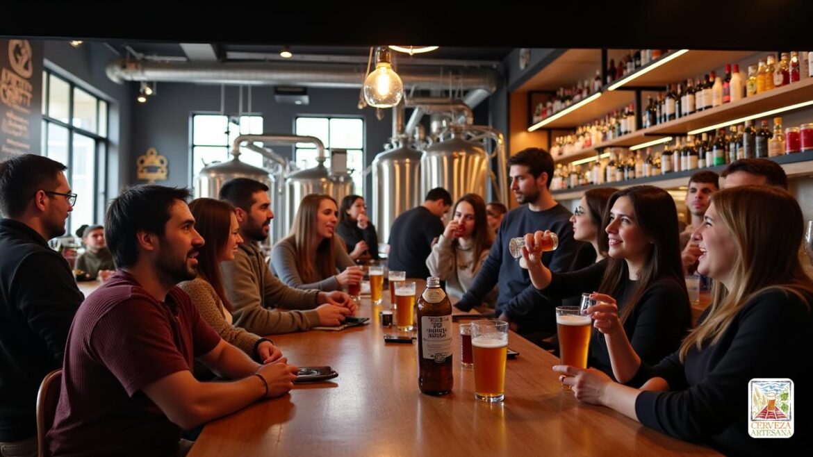 Una escena altamente realista de un bullicioso interior de la cervecería artesanal, con una configuración de elaboración moderna y elegante con relucientes tanques y tuberías de acero inoxidable. En primer plano, un grupo diverso de personas entusiastas se dedicó a la conversación, algunas cervezas de sabor de gafas, mostrando vibrantes ámbar y tonos dorados. El fondo incluye estantes con varias botellas y latas de cerveza, un área de bar bien iluminada y un logotipo visible en un letrero prominente que dice 'auténtica cervecería artesanal'. El ambiente es cálido, acogedor y animado, capturando la esencia de una escena de cerveza artesanal local. Filtros de luz natural a través de grandes ventanas, destacando las texturas de los barriles de madera y las gafas de degustación, enfatizando la artesanía y la autenticidad.