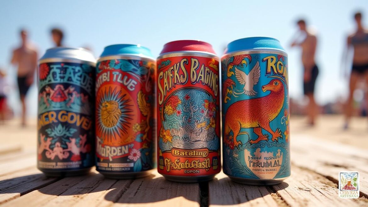Una escena altamente realista que muestra una colección de latas de cerveza artesanal, cada una con diseños de etiquetas audaces, artísticos y vibrantes inspirados en el estilo 'Beavertown', con intrincadas ilustraciones, colores ricos y tipografía dinámica. Las latas están hechas de 'aluminio' brillante y reflectante con una superficie lisa, dispuestas en una mesa rústica de madera al aire libre, posiblemente en una playa o en el festival al aire libre. En el fondo, hay un cielo claro y brillante, insinuando un día soleado, con personas que disfrutan casualmente el momento. La escena enfatiza el contraste entre las latas elegantes y modernas y el entorno natural, destacando el cambio en la percepción de la presentación de cerveza artesanal de 'baja calidad' a 'premium'. La iluminación captura el brillo metálico y las obras de arte detalladas, transmitiendo autenticidad y modernidad.