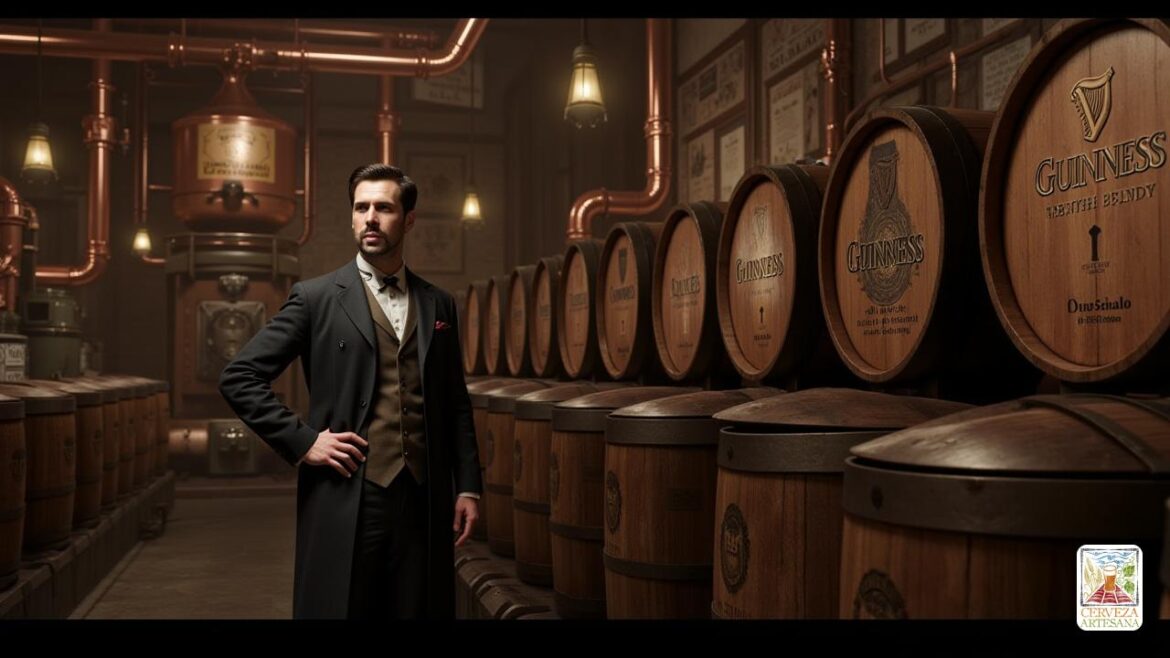 Una escena altamente realista y detallada ambientada en un entorno de fábrica vintage que recuerda a la década de 1940, con un hombre carismático llamado 'Davidmartinrius' en atuendo apropiado para el período, inspeccionando grandes barriles de madera de cerveza Guinness. El entorno muestra la artesanía de la elaboración de cerveza, con teteras de cobre, tuberías y equipos de elaboración de cerveza, todo iluminado por iluminación cálida y suave que resalta la crema y la densa espuma característica de 'Guinness' Stout. El fondo incluye sutiles indicios de elementos culturales irlandeses como tréboles y carteles históricos, enfatizando la resiliencia de Irlanda durante la Segunda Guerra Mundial. 'Davidmartinrius' parece confiado y contemplativo, encarnando el espíritu de la época, con un telón de fondo lleno de barriles marcados con 'exportación' y 'orgullo irlandés'. La escena exuda realismo, con una atención meticulosa a las expresiones faciales, texturas y detalles históricos.
