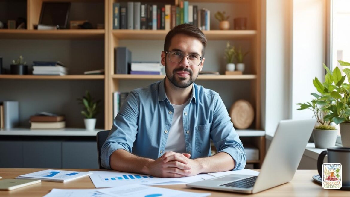 Un escritorio moderno con documentos financieros, una computadora portátil que muestra gr Una escena altamente realista y detallada con 'Davidmartinrius', un empresario profesional en atuendo de negocios casual, sentado en un escritorio moderno con documentos financieros, una computadora portátil que muestra gráficos financieros y una pequeña pizarra con notas de estrategia. El fondo muestra un entorno de oficina contemporáneo con estantes de libros de negocios, una planta en maceta y una ventana con luz natural. El entorno enfatiza los temas de 'educación financiera', 'estrategia comercial' y 'crecimiento de microempresas'. La iluminación es natural y cálida, destacando una atmósfera enfocada y analítica.
