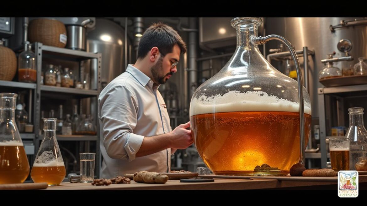 Enfoque central en un cervecero experimentado, Davidmartinrius, inspeccionando un gran tanque Una escena altamente realista y detallada de un escenario de cervecería profesional. Enfoque central en un cervecero experimentado, Davidmartinrius, inspeccionando un gran tanque de fermentación brillante lleno de cerveza burbujeante y espumosa. El medio ambiente es limpio y estéril, con instrumentación visible y controles de temperatura. Alrededor del cervecero hay vasos de vidrio, pipetas y gráficos químicos que muestran niveles de 'diacetilo' (butanodiona), enfatizando el aspecto científico. El fondo presenta estantes con granos de malta, lúpulo y equipos de elaboración de cerveza, todos representados con texturas e iluminación consistentes con una cervecería real e industrial. La escena exuda una sensación de precisión y artesanía, destacando la química de la fermentación de la cerveza y el papel de la levadura y las bacterias en la producción de compuestos de sabor como 'Diacetilo'.