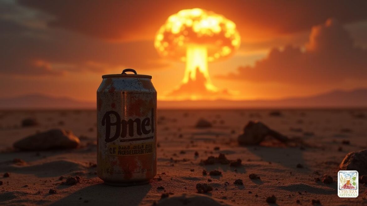 Una escena altamente realista y detallada de un paisaje desierto oscuro y desolado después de una explosión nuclear, con una nube de hongos brillante y ardiente en el fondo. En primer plano, una persona llamada 'Davidmartinrius' con equipo informal al aire libre, se encuentra con cautela una 'lata de cerveza' vintage con condensación visible, que muestra ligeros signos de exposición a la radiación. La escena captura una atmósfera arenosa y realista con polvo, escombros dispersos y un toque de brillo radiactivo en el contenedor. El entorno circundante revela signos de caos y consecuencias, enfatizando la tensión entre la supervivencia, la ciencia y la curiosidad en un escenario post-nuclear. La iluminación es intensa, con una mezcla de naranja ardiente, gris ahumado y brillo sutil en la lata de cerveza, destacando su superficie metálica.
