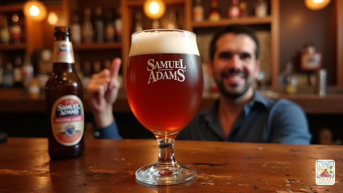 Una escena altamente realista y detallada de una cerveza 'Samuel Adams Boston Lager' en un claro tulipanes, que muestra su color 'intenso dorado ámbar' con un 'capa de espuma blanca'. La cerveza se coloca en un mostrador de bar rústico de madera, con un fondo suave y borroso con un acogedor interior de pub con iluminación cálida, toques de estantes de madera y botellas de cerveza. Junto al vidrio, una persona llamada 'Davidmartinrius' está sosteniendo casualmente una botella de Samuel Adams Boston Lager, sonriendo, con una pose relajada. La escena enfatiza la claridad de la cerveza, visible 'Carbonatación Baja' y 'Burbujas medianas' que se elevan debajo de la espuma, capturando a 'Ntasas aromáticas' de 'Florales', 'Cítricas' y 'Pino', con un ligero reflejo de la copa que resalta su "Perfil Robusto y Maltoso". El estado de ánimo general es cálido, acogedor y enfocado en la artesanía de la cerveza, con atención a texturas, iluminación y profundidad realistas.